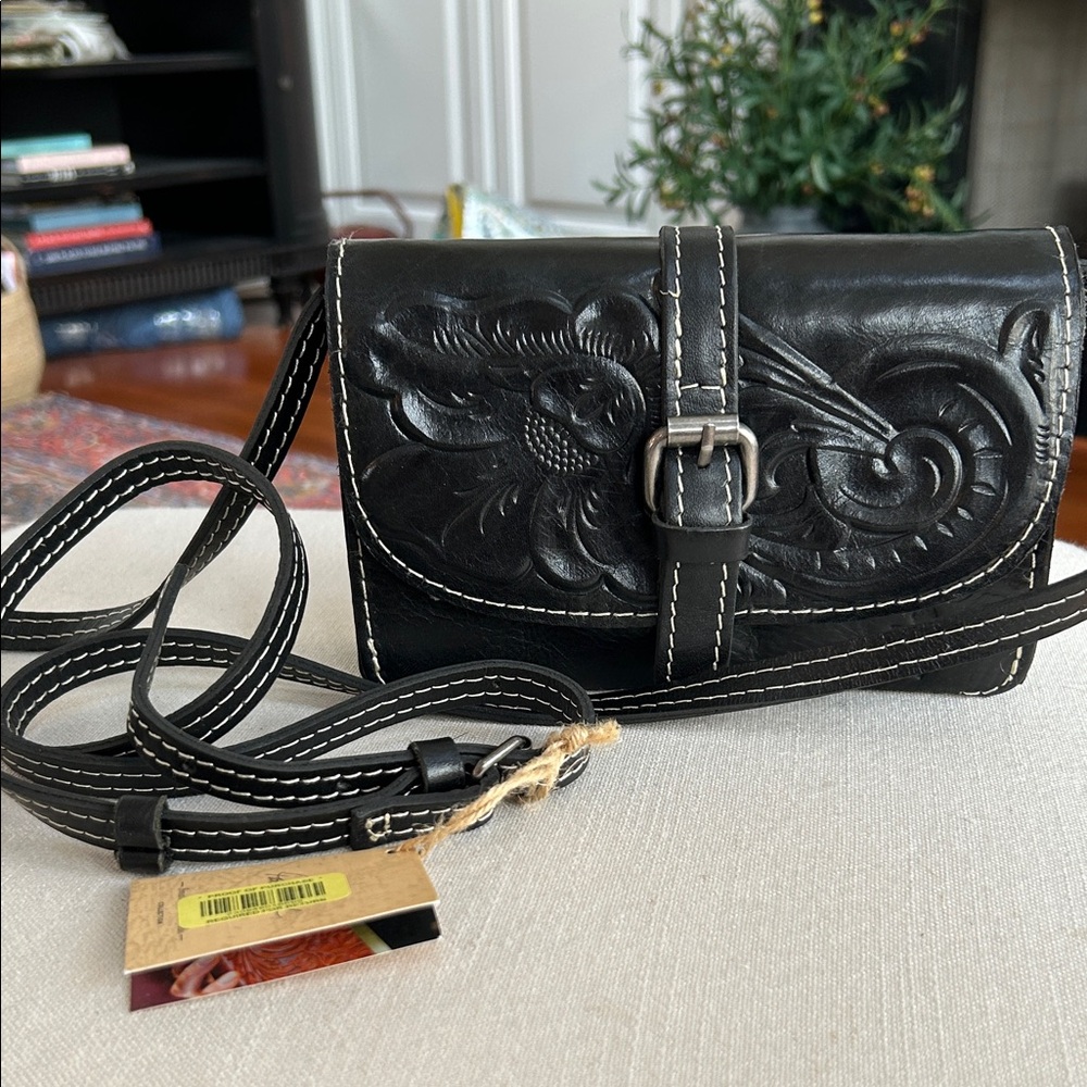 Patricia Nash Black Tooled Leather Crossbody with White Stitching